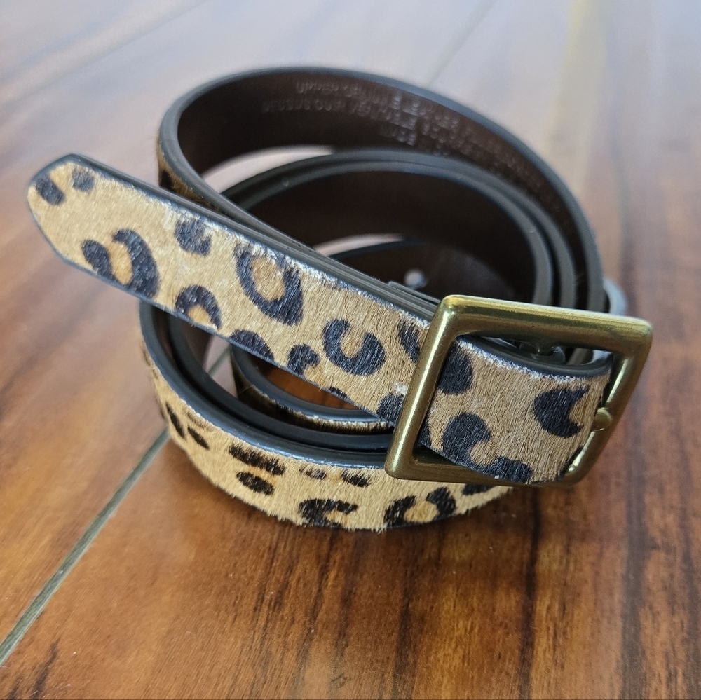 Leopard Print Brown Leather Calf Hair Slim Belt w/Brass Tone Buckle i
